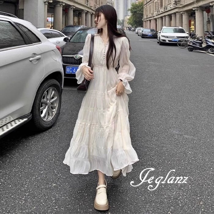 ティアード フリル ワンピース ドレス V開き ボタン 透け感(M7675)α