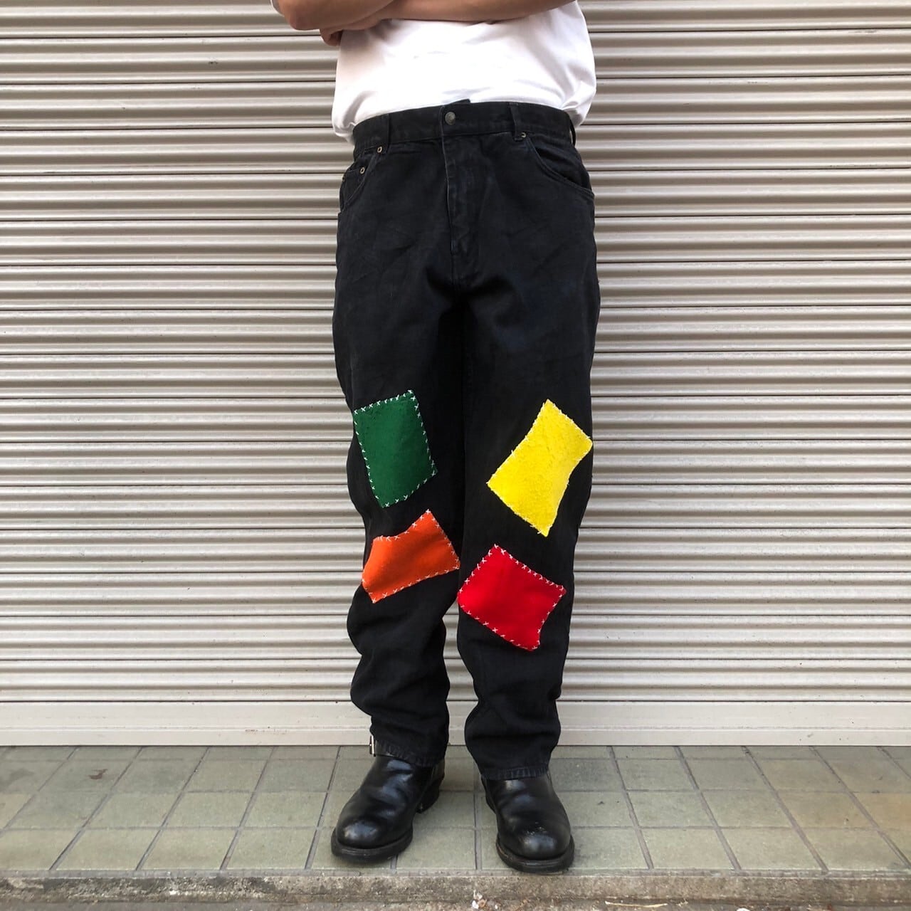Highland ブラックデニムパンツ パッチワーク ヒッピー 後染め Highland ブラックデニムパンツ パッチワーク ヒッピー 後染め