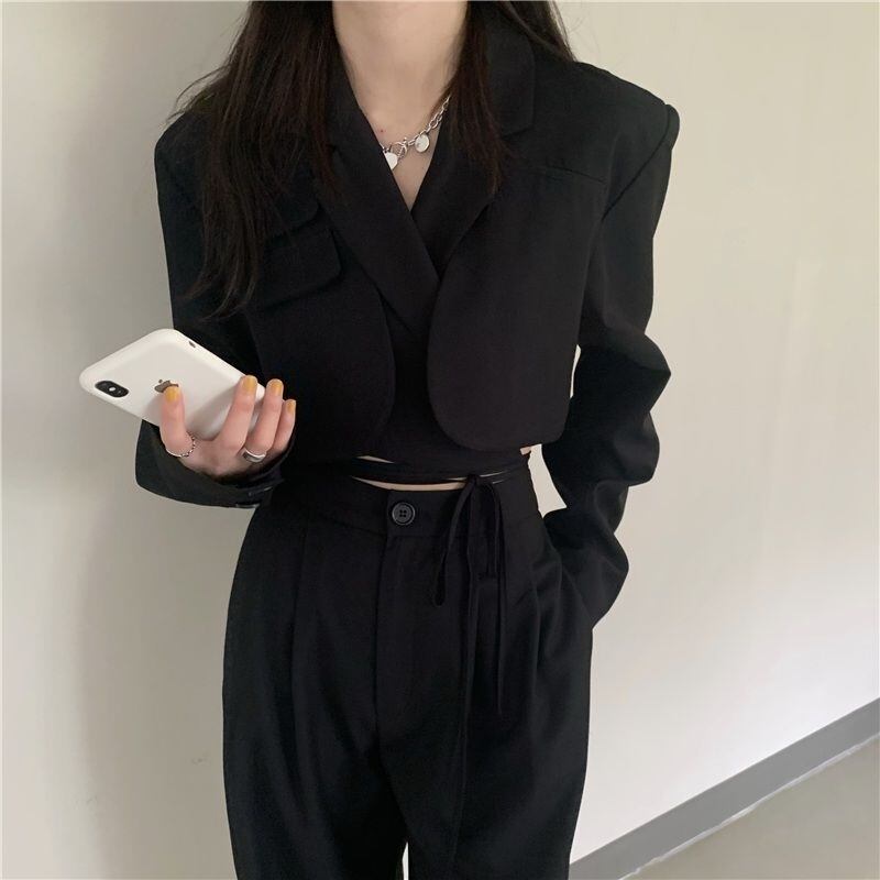 黒】クロップドジャケット✖ワイドパンツ セットアップ g0030 | BUYSELA