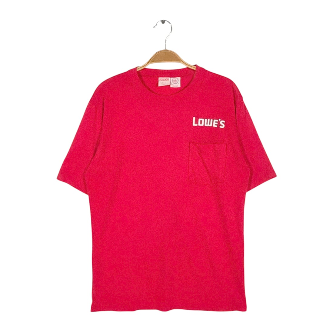 80s アメリカ ホームセンター LOWE'S ポケT USA製 ヴィンテージ Tシャツ 企業系 ポケット付き シングルステッチ UNITOG レッド サイズL 古着 BZ0594