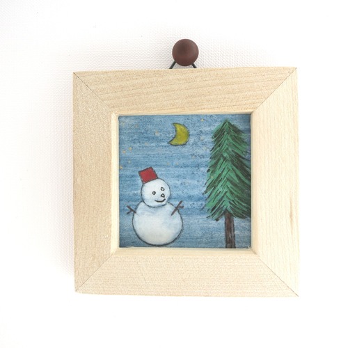 【日本画ポスター】もみの木と雪だるま 絵画 クリスマス もみの木と雪だるま② ミニアートパネル ミニ額縁付き