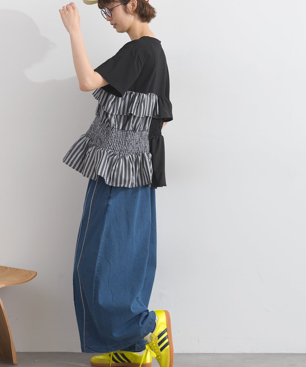 D262168 異素材切替フリルペプラムプルオーバー / Mixed Fabric Frill