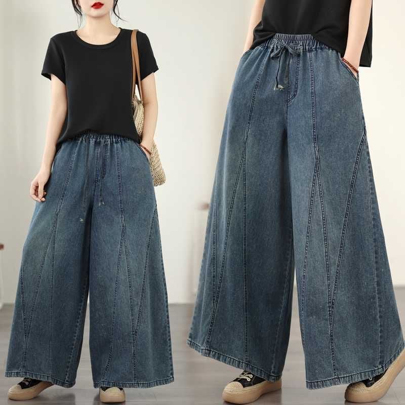 STITCHED DESIGN A-LINE WIDE LEG DENIM PANTS 1color M-15830