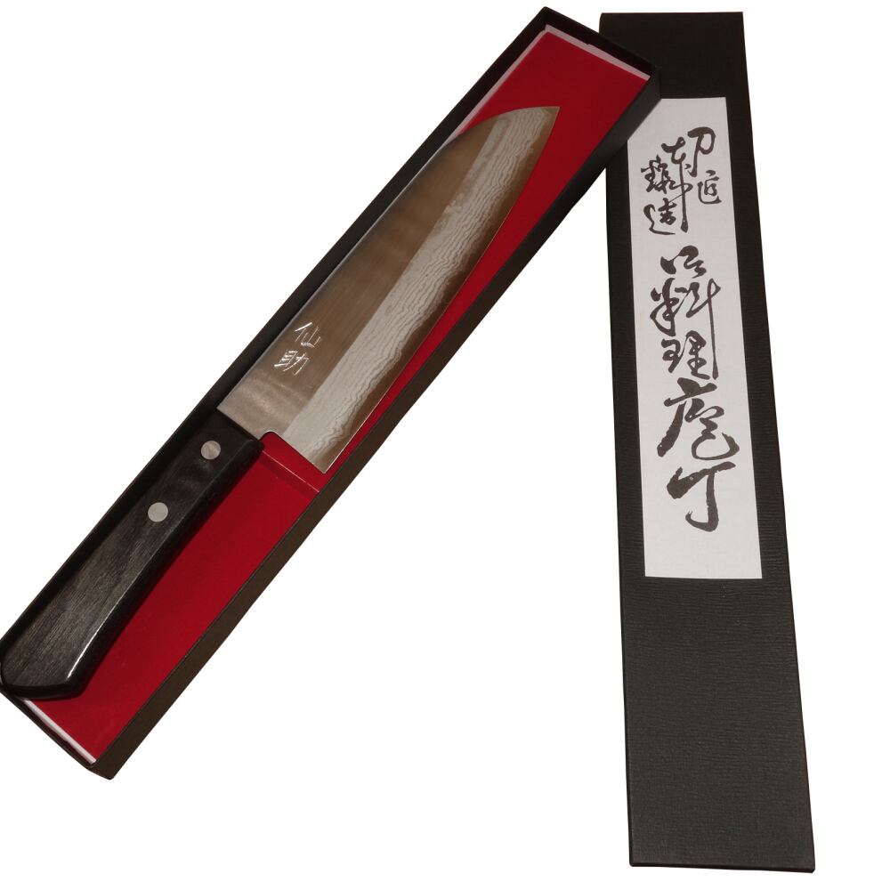 越前打刃物　仙助　黒打　切付　三徳　180mm 包丁　青鋼　紫檀柄　未使用 越前打刃物 包丁 仙助 三徳包丁 V金5号 多層鋼 黒合板柄 10031
