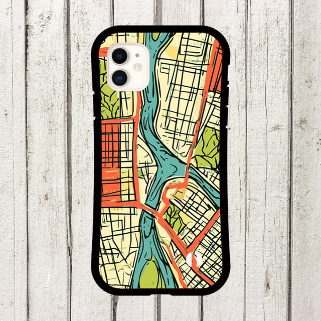 受注生産 iPhoneケース 赤い川と緑の街区の都市地図｜水路モチーフ UMAP003D