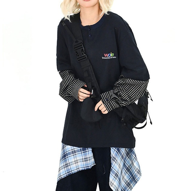 レイヤードストライプスリーブヘンリートップス 1col   R01682