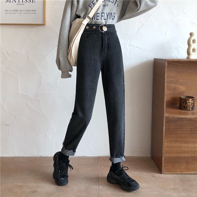 ブラックパンツ スプリング薄手レッドルーズハイウェストジーンズ 春物 萌量不足8155278113