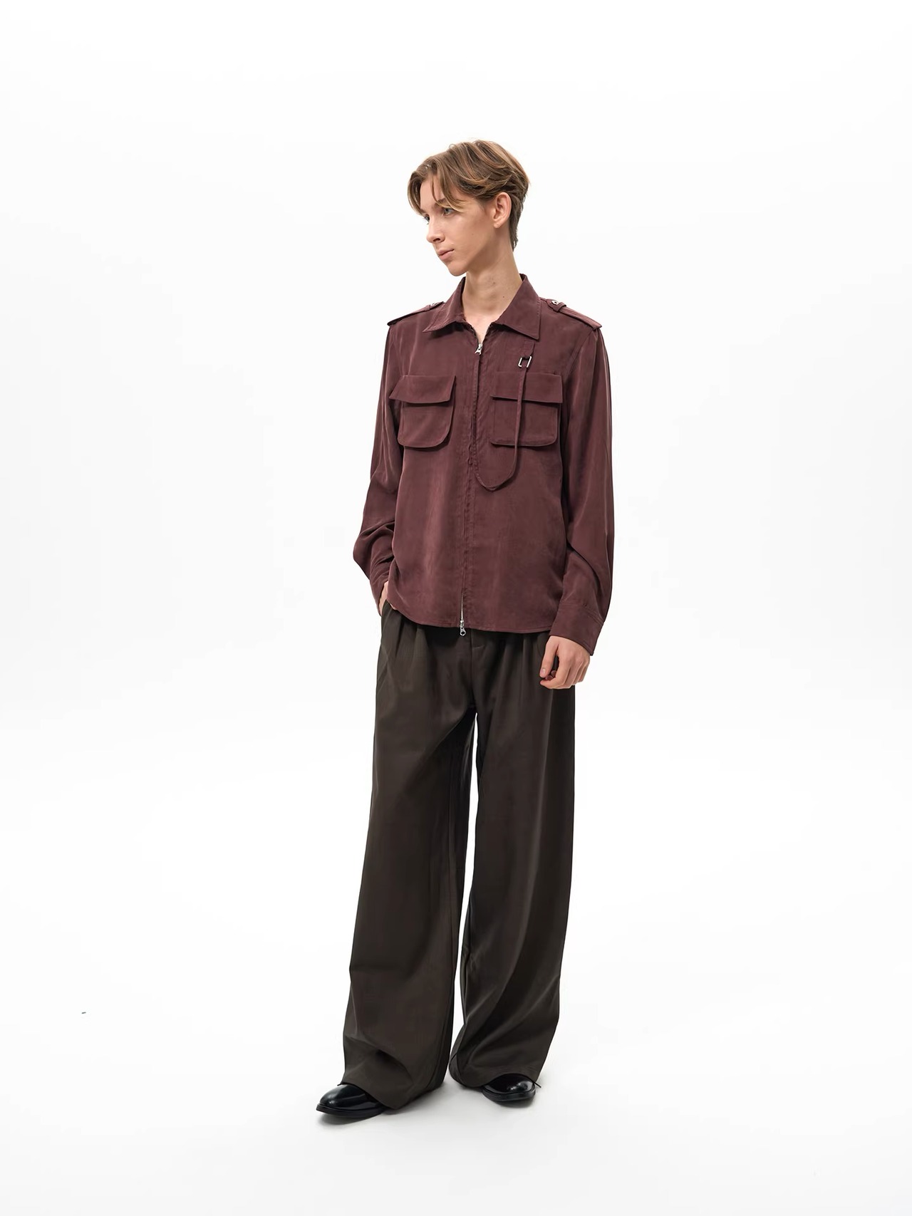 Slight Vogue Matte Cupro Military Zip Shirt