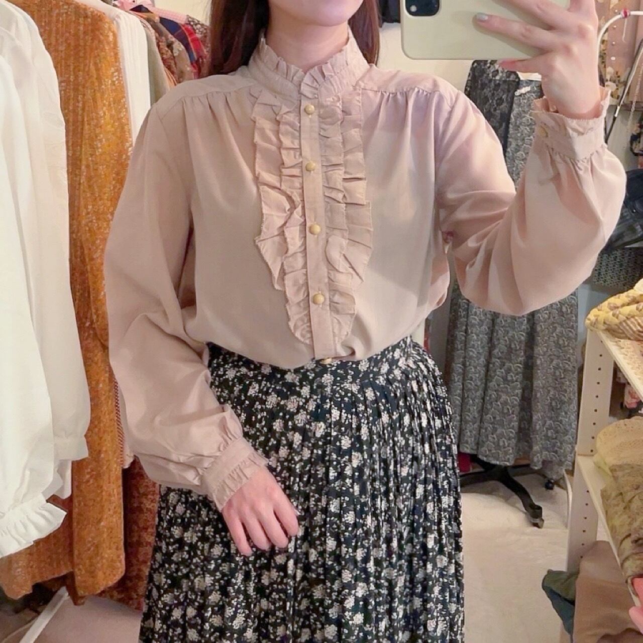 beige frill stand collar blouse