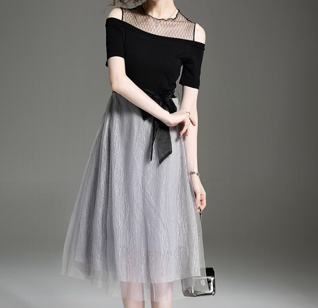 即納 M バイカラー 肩出し 上品 お呼ばれ 結婚式 ミモレ丈 パーティー ドレス Fashionlover