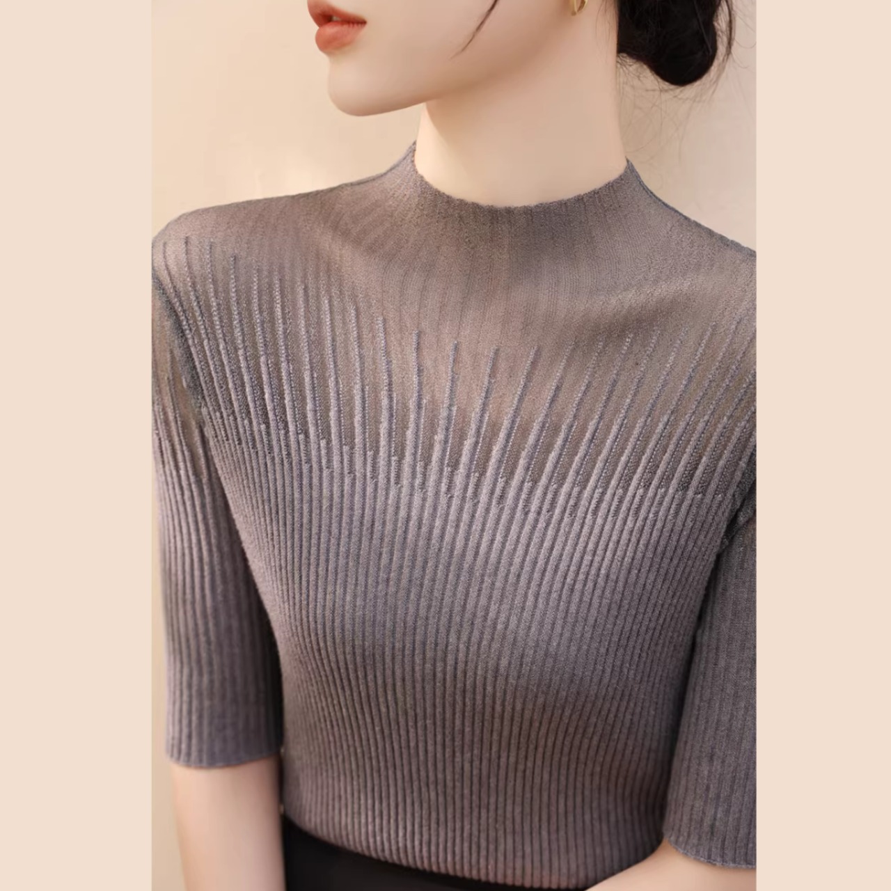 上品シアーレース ハイネック五分袖ニットトップス 00021・画像7