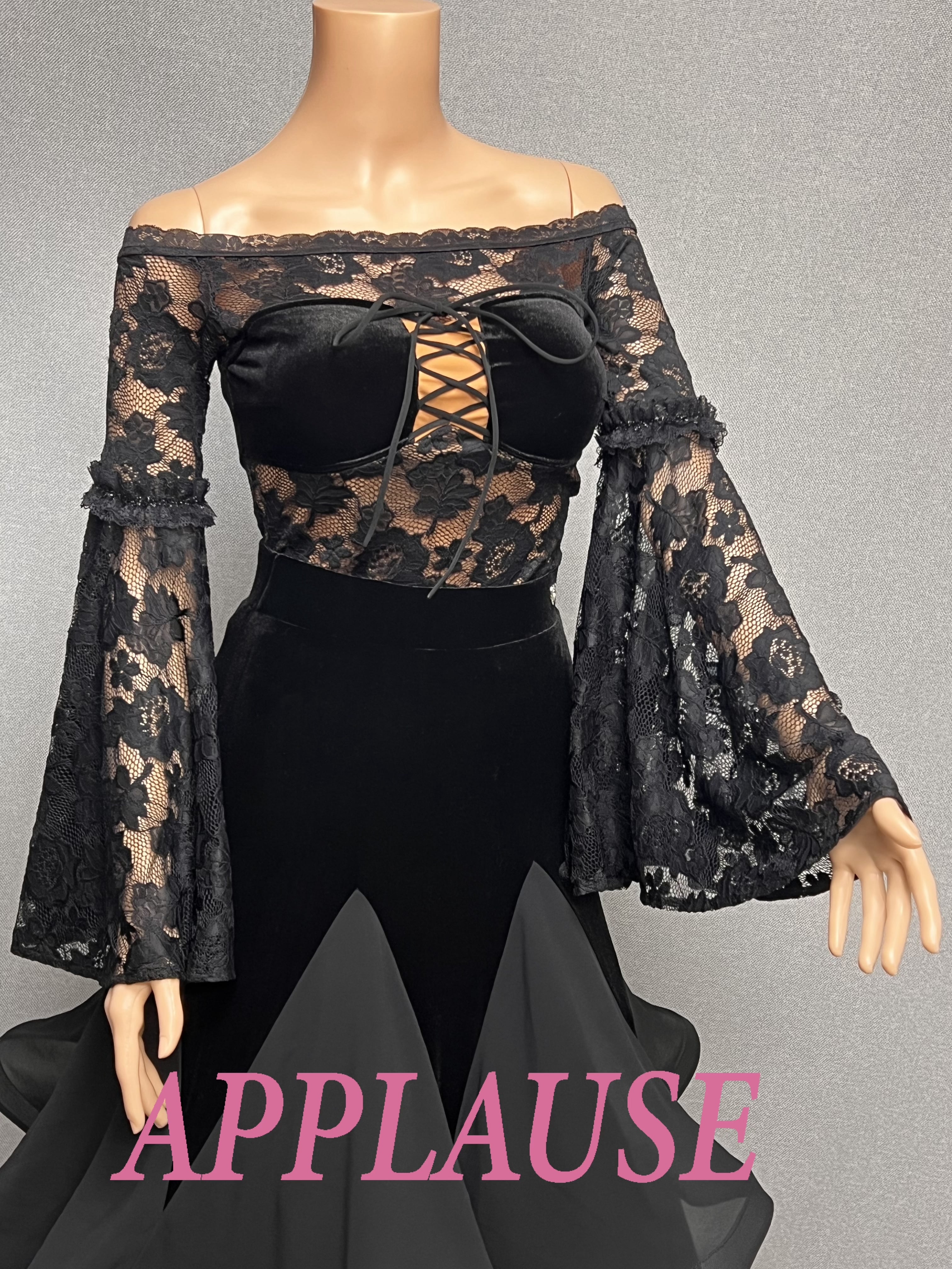 【新着】社交ダンス ドレス 　スタンダード 　モダンド レス 　ブラック　セットアップ（ベルベット＆レース） M　 ST-25-25＆ 26 　デモ・競技用ドレス 　発表会衣装 　パーティドレス 　ワンピース 　舞台衣装