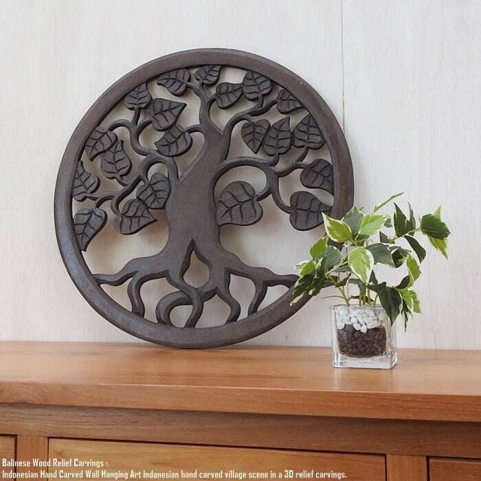 バリ島購入　ハート型　木製フレーム レリーフ 40cm ウッドハート 丸 円形 ラウンド DB アートパネル