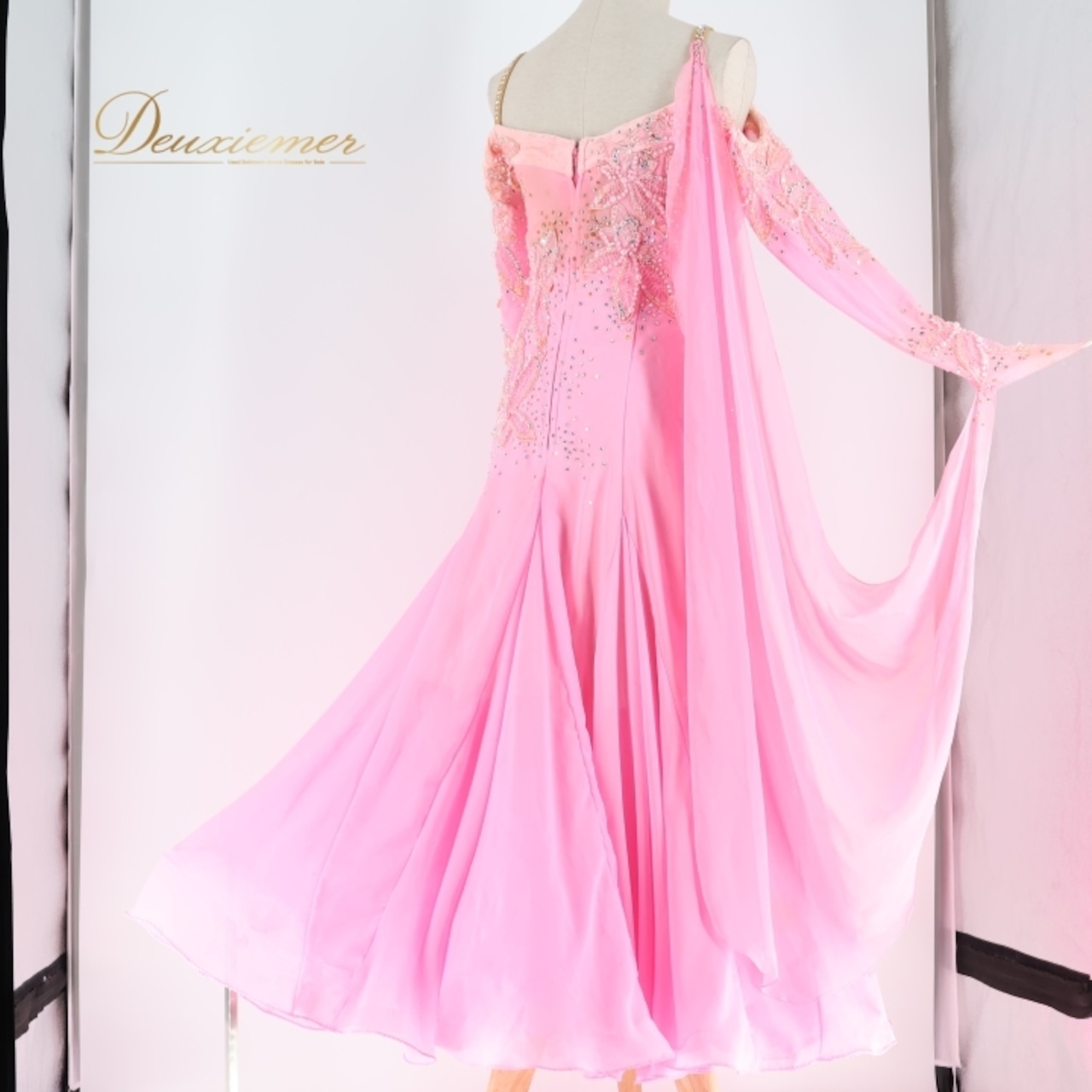 社交ダンス 衣装 スタンダードドレス ワンピース ドレス スタンダード フロート レース デモ 競技 ダンス パーティ 発表会 ピンク系 フレア スカート ふんわり おしゃれ ダンス衣装 発表会用 キラキラ コスチューム イベント用 ステージ衣装