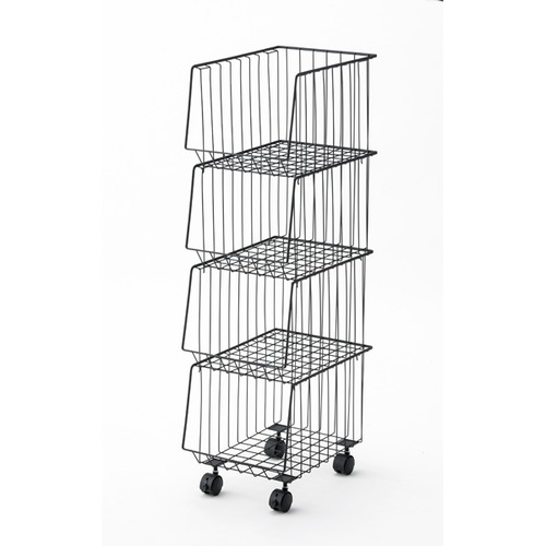 スタッキングワゴン4D 4段 キャ スター付き カゴ スチールワゴ ン 洗面所 棚 シェルフ 収納 ブ ラック