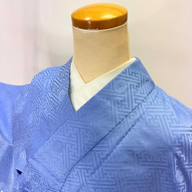 小紋 単衣 洗える着物 裄65.4cm 身丈153.5cm 青 花柄 お洒落着 普段着 ポリエステル 美品 M サイズ 5276