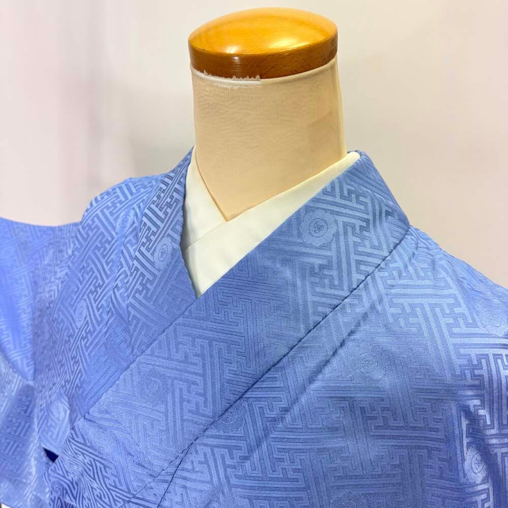 小紋 単衣 洗える着物 裄65.4cm 身丈153.5cm 青 花柄 お洒落着 普段着 ポリエステル 美品 M サイズ 5276