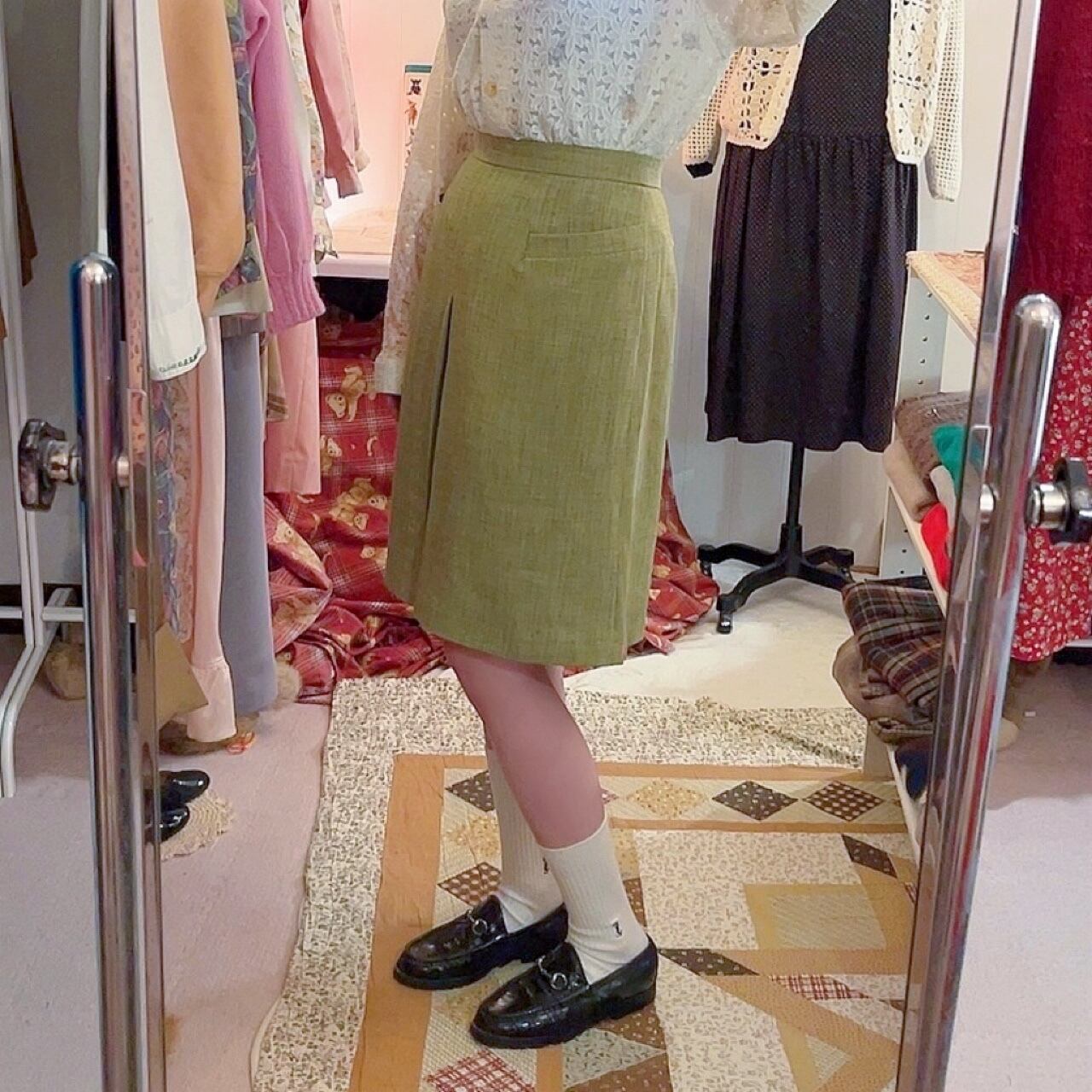 moss green tuck skirt