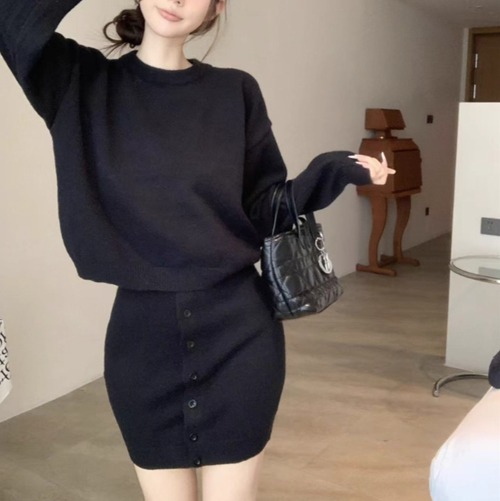 【2点セット】4色／ニットトップス＋ボタンスカート ・12719