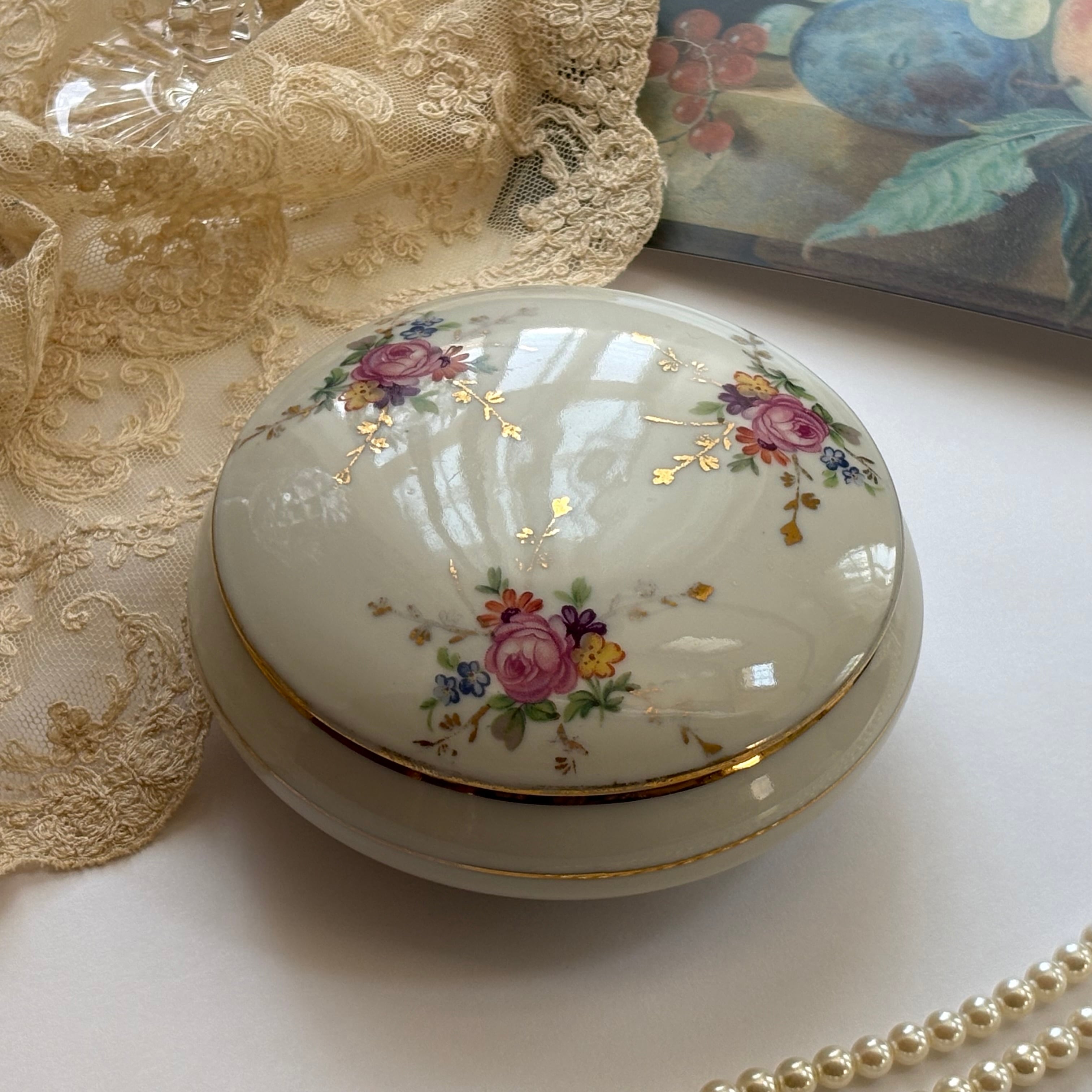 薔薇　アンティーク　porcelain 陶器　ポプリポット　ボンボニエ ラ・サンユジエンヌ ボンボニエ（繊細な薔薇模様／La Saint-Uzienne