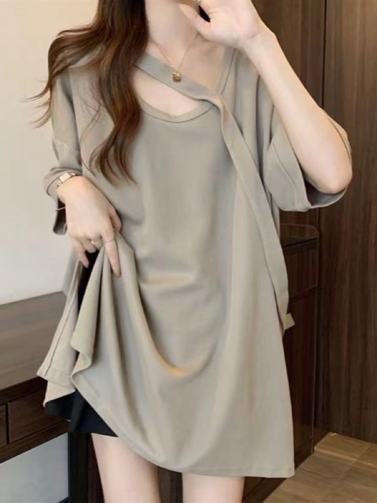 【即納】1点限定 ゆるっと上品スタイル自在 デザインロングTシャツ スリッド シンプル 無地 カットアウト カジュアル 韓国 大きいサイズ CH9692