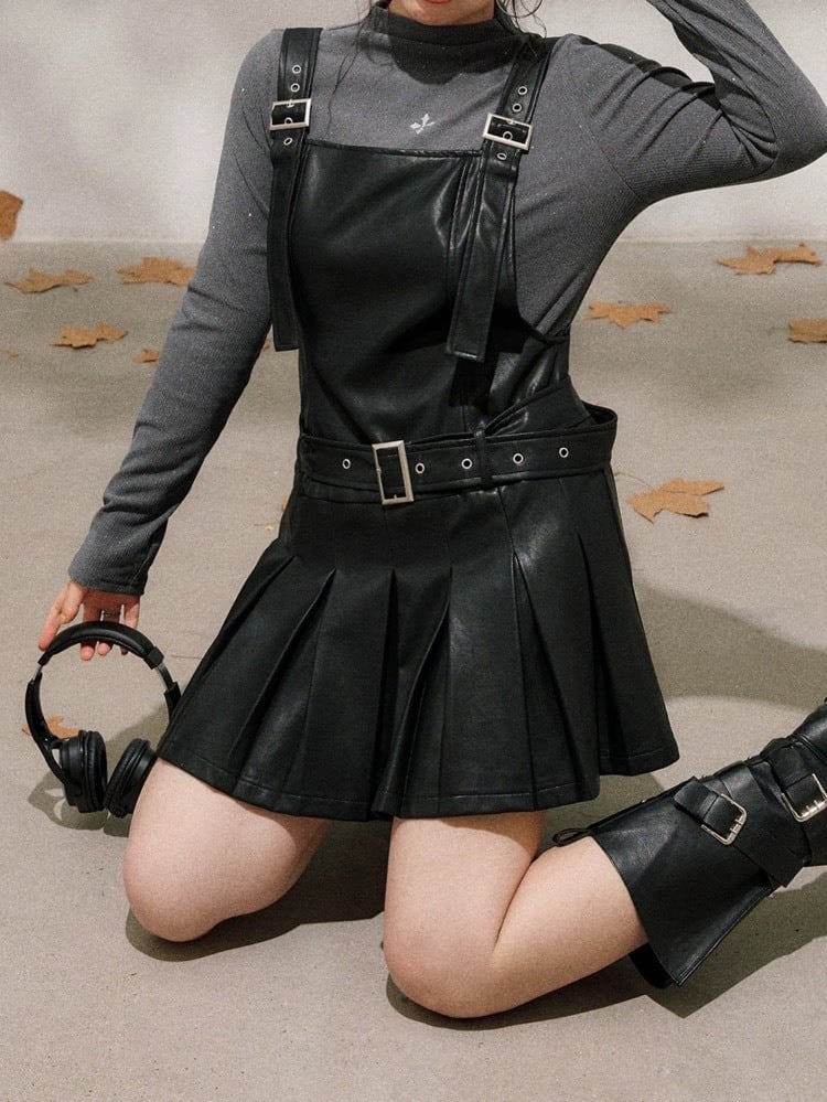 スタイルが一瞬で締まる ブラックモードジャンスカ ベルト付き 大人可愛い 甘辛ミックス きれいめストリート 細見え 体型カバー 大きいサイズ 韓国 CH11331