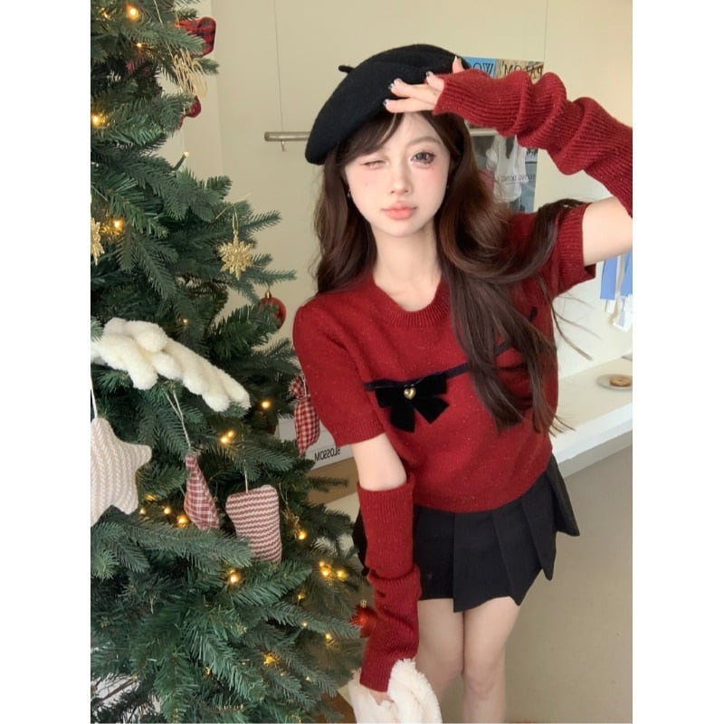 【新作】【送料無料】 2024 新年赤いセーター女性の秋冬の雰囲気ニットフレンチボウスリーブトップ 0350766947319