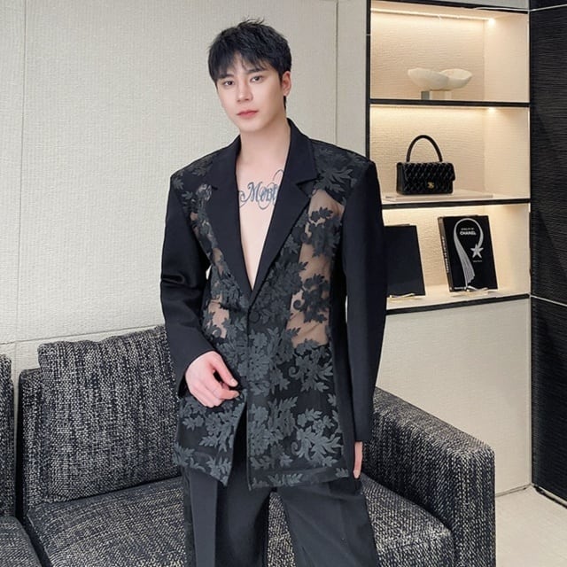 予約販売】メンズ セットアップ スーツ 上下 ジャケット 透け感 シアー