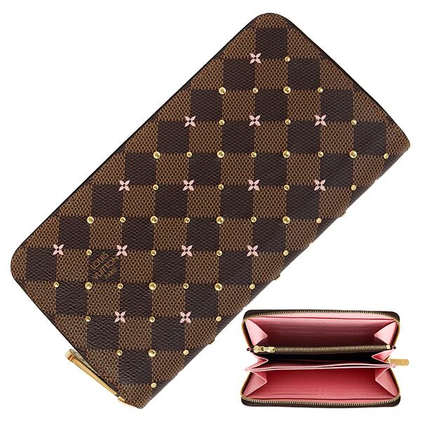 Unused LOUIS VUITTON ルイヴィトン ジッピーウォレット ダミエ フラワースタッズ N60473 ダミエキャンバス ブラウン ピンク 未使用品