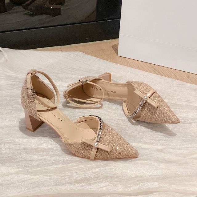 シューズ パンプス ツイード  ローヒール ラインストーン ブラック ライトブラウン 6CM