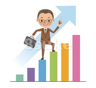 イラスト素材:棒グラフを登る中年のビジネスマン(ベクター・JPG)