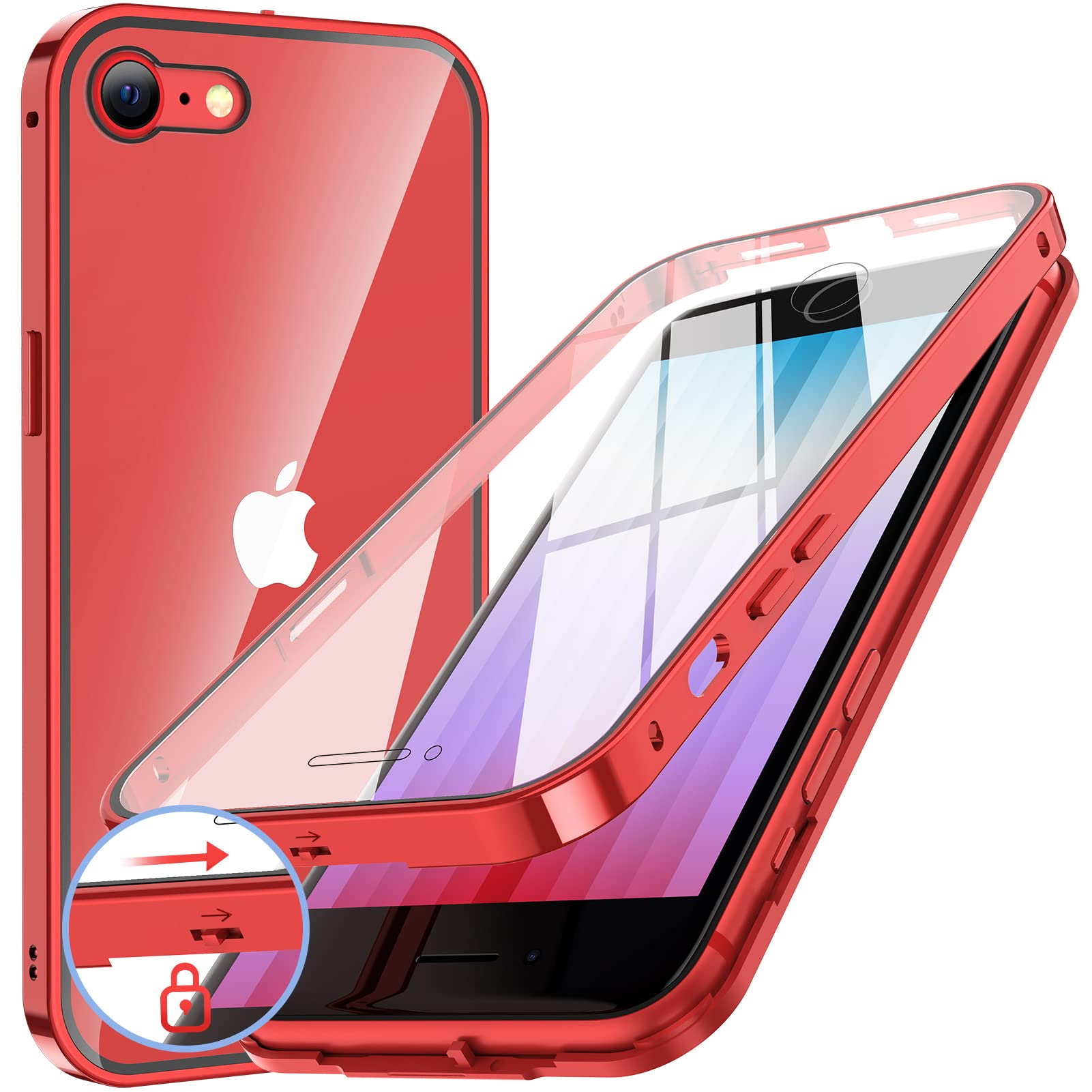 NIANGUO【ロック機能付き・自動ポップアップボタン】iPhone SE3 SE2・8・7 用 ケース 第3世代 2022 両面強化ガラス(レッド)