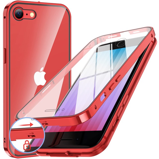 NIANGUO【ロック機能付き・自動ポップアップボタン】iPhone SE3 SE2・8・7 用 ケース 第3世代 2022 両面強化ガラス(レッド)