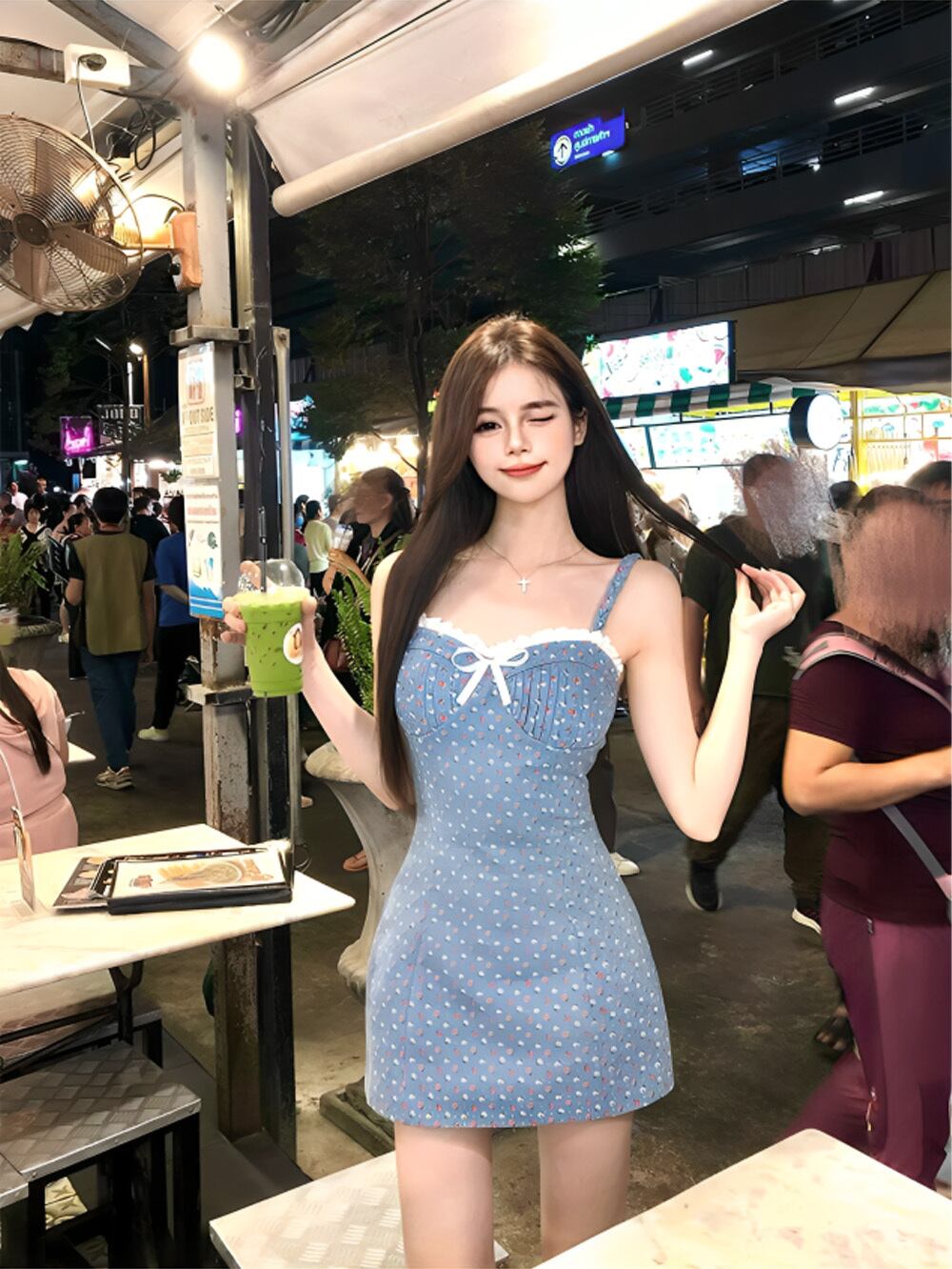 #大人可愛い|ブルーデニムフラワーモノグラムキャミソールワンピース