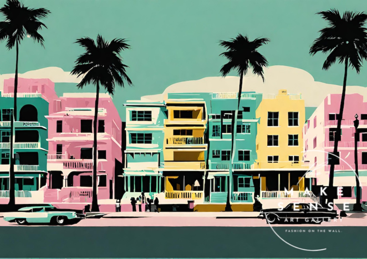 Santa Monica｜西海岸の海辺を描くアメリカンヴィンテージアートポスター｜カリフォルニアの開放感を添える額縁付きインテリアA4ポスター