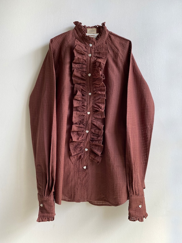 Raglan sleeve ruffle blouse, "chocolate see-through check" khadi cotton