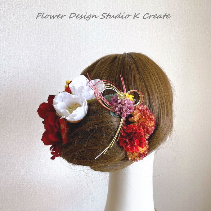 成人式・結婚式・卒業袴に♡赤いピオニーと白椿のヘッドドレス 和装 成人式 浴衣 前撮り ヘッドアクセ 髪飾り ヘッドパーツ 赤 マム