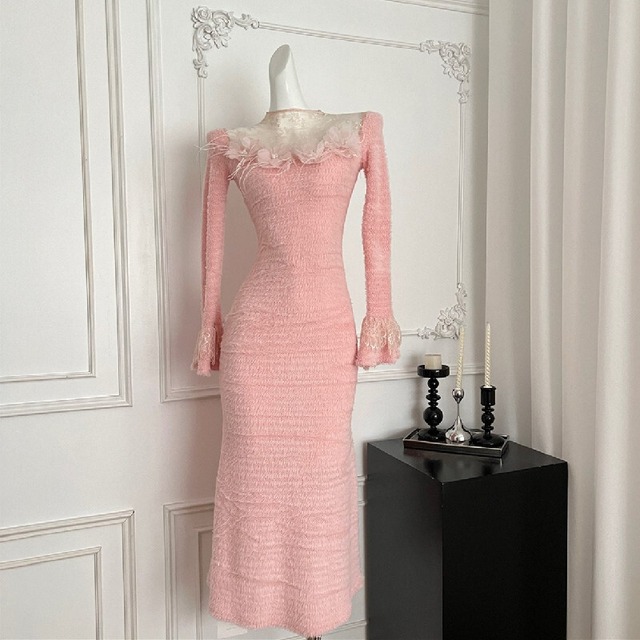 ワンピース レース スピーカースリーブ 綺麗め ピンク S M L