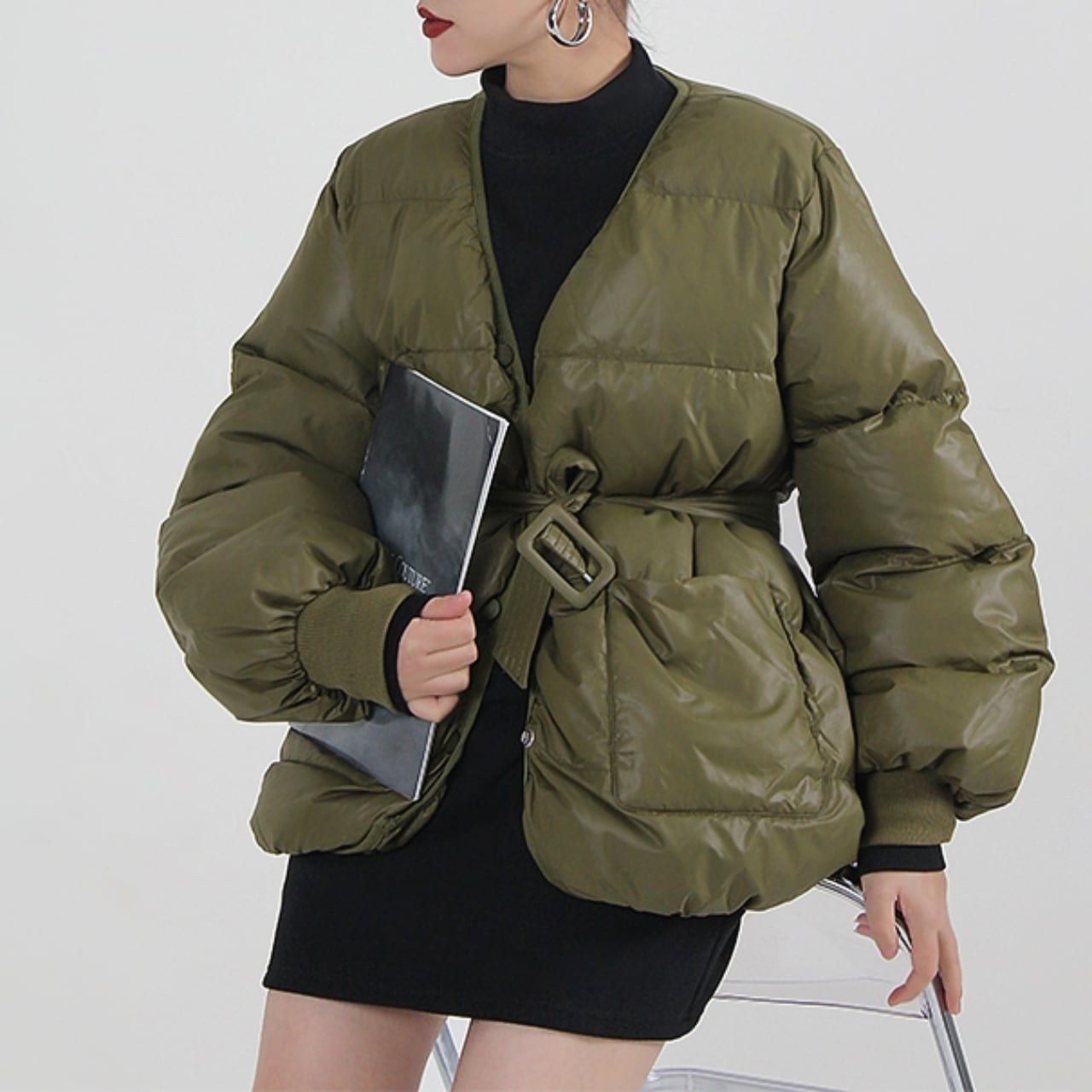 Belted V-Neck Down Jacket 00915