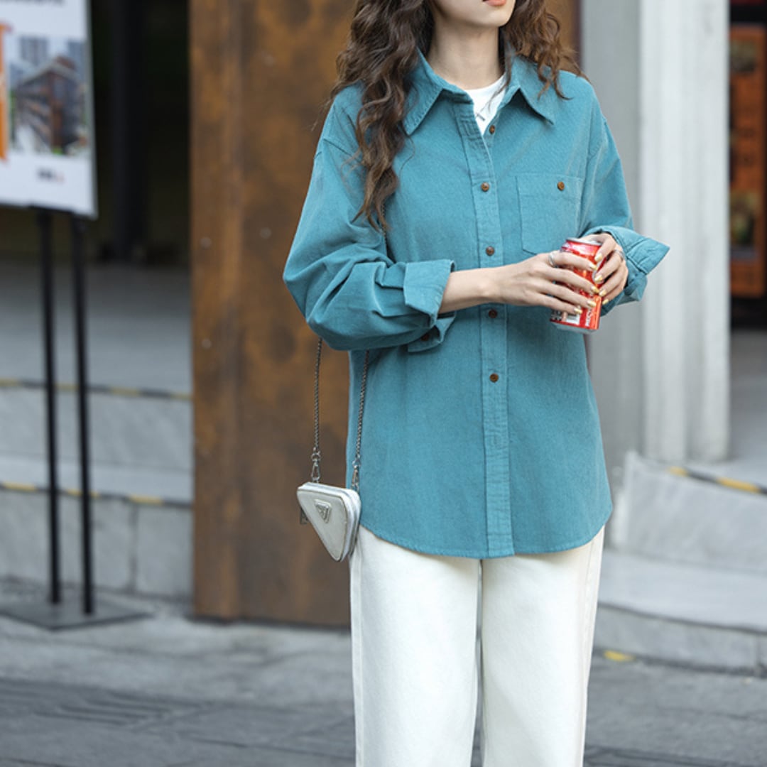 blue corduroy layered long sleeve shirt