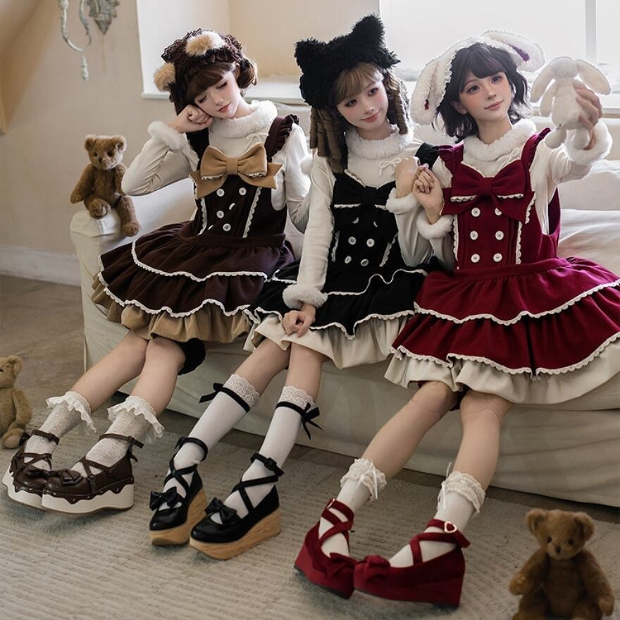 ロリィタ ガーリー夢かわいい くまモチーフ背帯ジャンスカセット