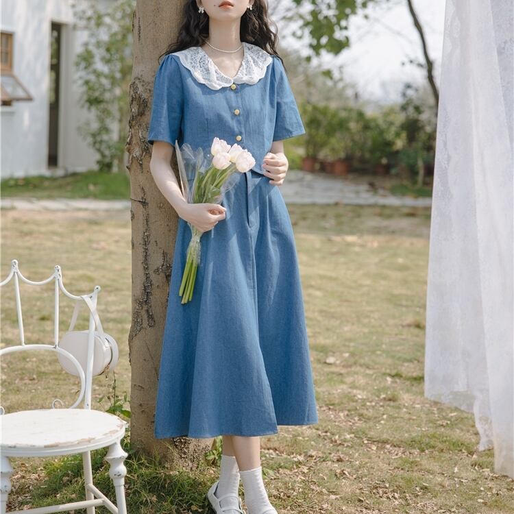 【着用レビュー】セットアップ レディース スカート ジャケット S M L ブルー ボトムス 無地 ロング丈 レース襟 フレア デニム テンセルデニム Aラインシルエット 大人可愛い きれいめ シンプル フェミニン 上品 エレガント おしゃれ キュート ガーリー 通勤 オフィス OL 通学 学生 デート お出かけ 女子会 春 秋 記念日 お呼ばれ 旅行 10代 20代 30代 ママ 着回し 普段使い ファッション コーデ モテ 流行 きちんと感 ハイウエスト 体型カバー 脚長効果 細見え 送料無料