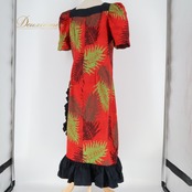 フラダンス 衣装 ワンピース ドレス メネフネプランテーション レッド系 MENEHUNE PLANTETION フリル スリット パフスリーブ かわいい 華やか 鮮やか 明るい 赤 黒 ハワイアン アロハ ハワイアンプリント フラ ダンス レッスン 練習