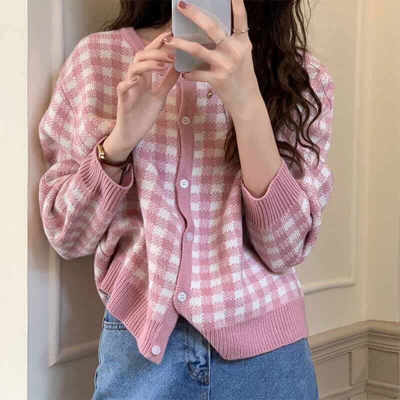格子柄ニットカーディガンオータムスタイルルーズセーター コート ピンク 秋物 クレセントシティ46907853278