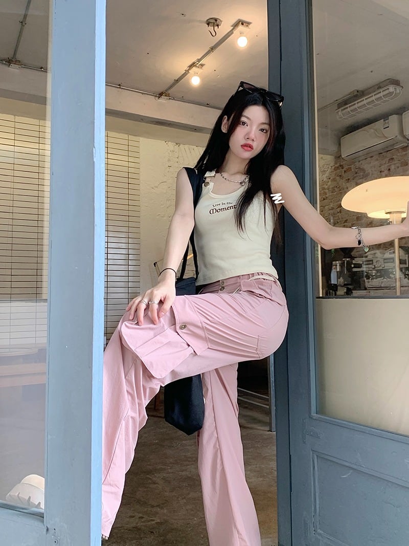 韓国通販 dgo】3colors ハイウエストカーゴパンツ ピンク/アイボリー