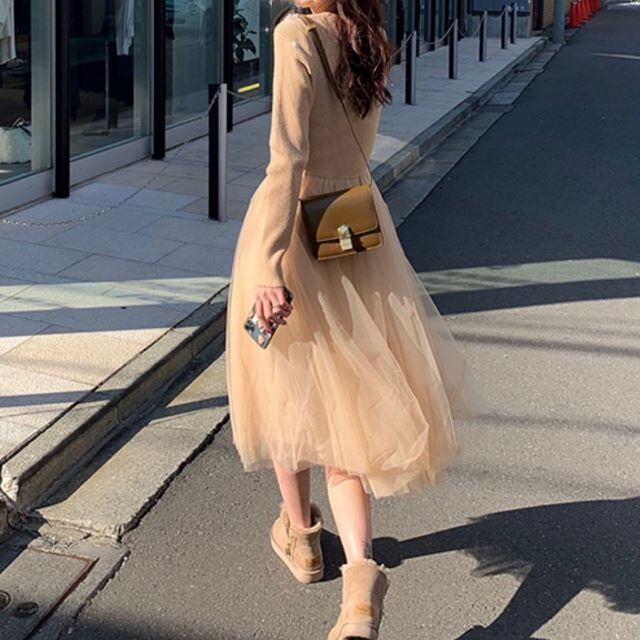 送料無料 ☆ 2カラー ミモレ丈 チュール ドッキング ワンピース