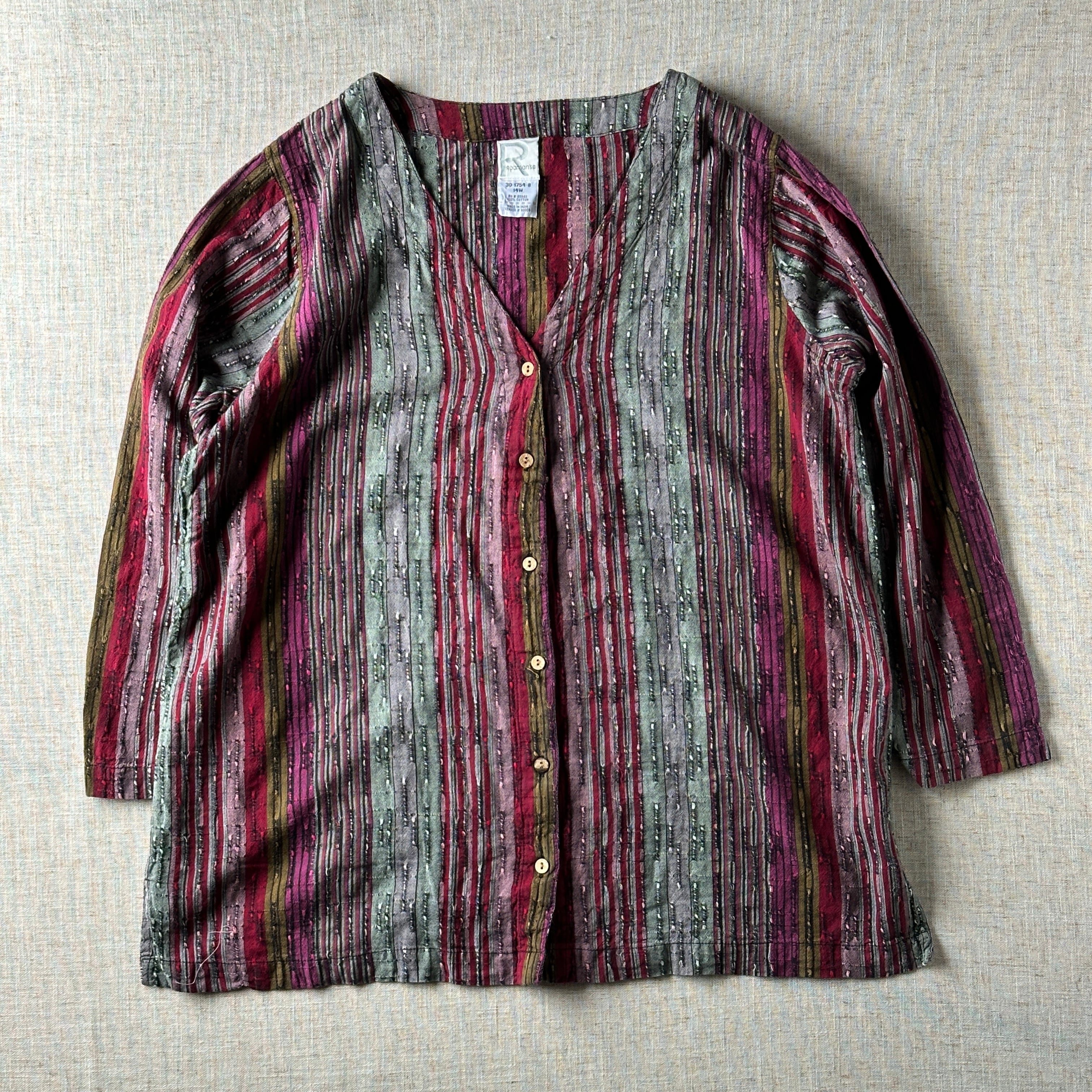 90's-00's,Indian Cotton Woven Stripe Blouse,Unisex L