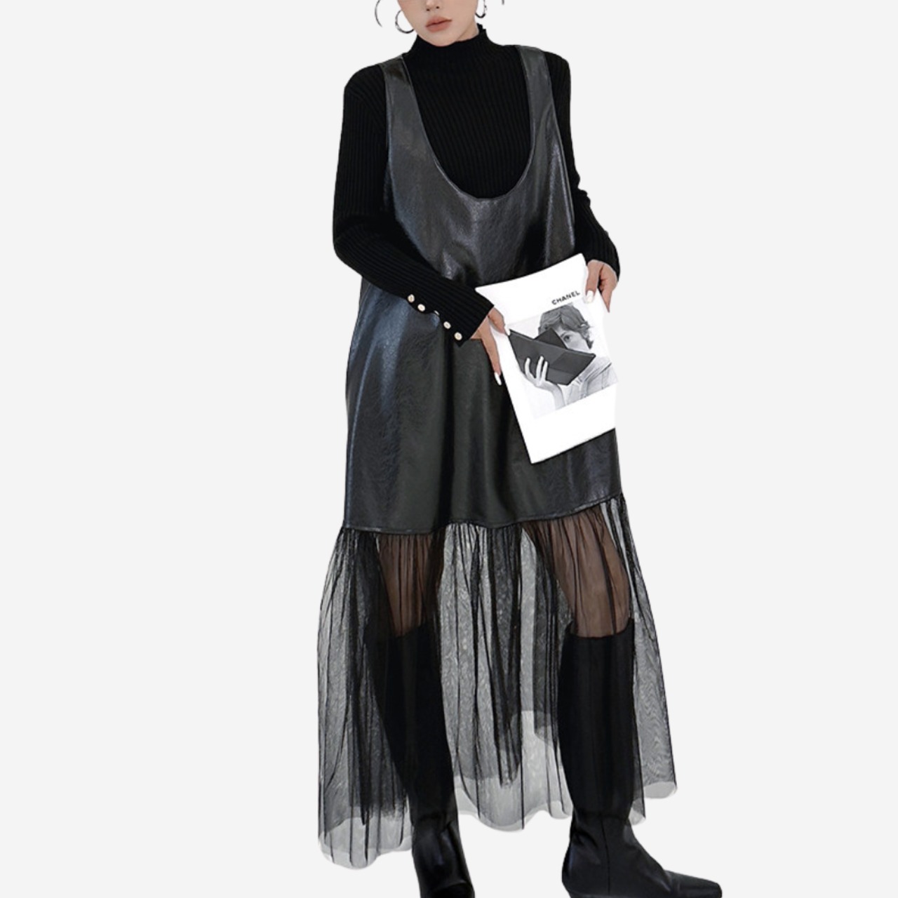 Mesh and PU Vest Dress (ME341)