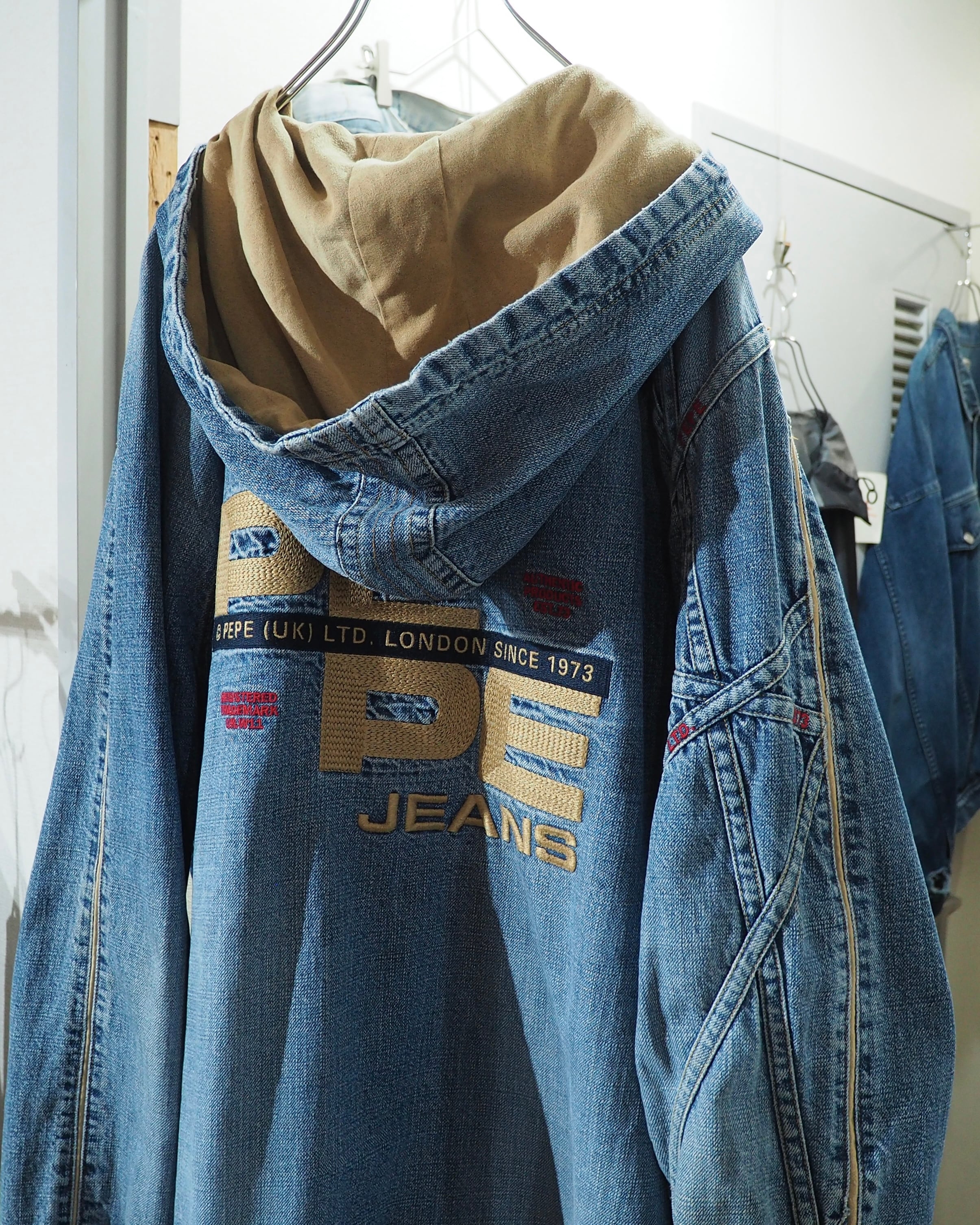 1990s ” Special - PEPE JEANS ” Crossed Lines × Logo Embroidery Vintage Loose Hoodie Denim Jacket