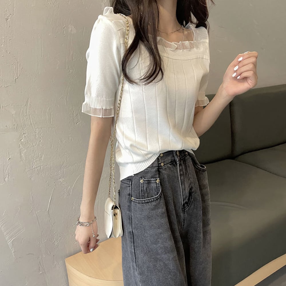 スクエアネック ニット 半袖 レディース トップス 春夏 韓国 おしゃれ きれいめ シンプル レース付き 大人 カジュアル リブニット 大人可愛い 大人女子
